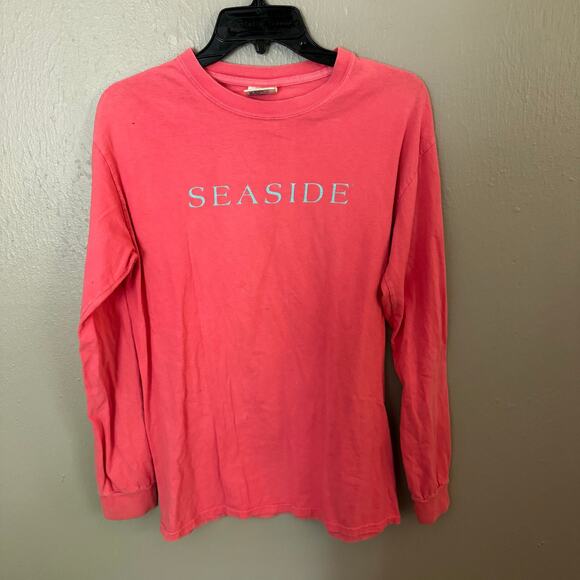 SEASIDE Graphic Logo Tee In Coral and Blue Size Small FLAWED long sleeve - Picture 1 of 6
